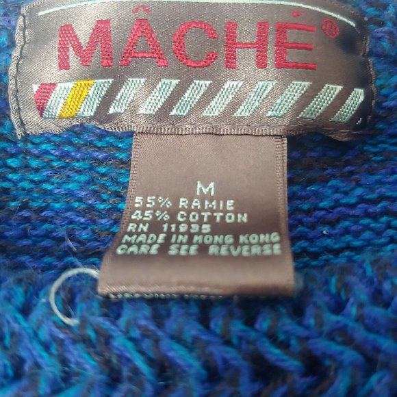 Vintage 90s Mache Men M Oversized Sweater Pullover Textured Knit Geometric Blue - Picture 6 of 9